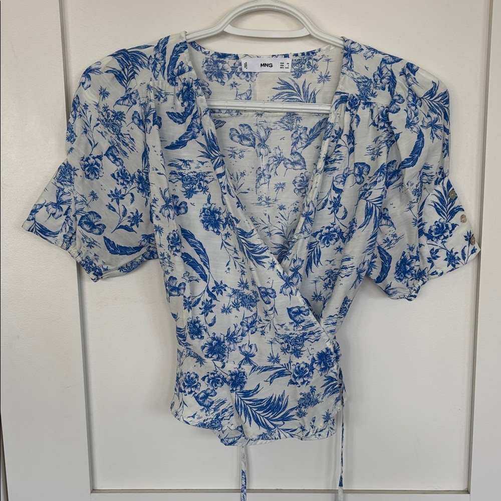 Mango White and Blue Floral Blouse